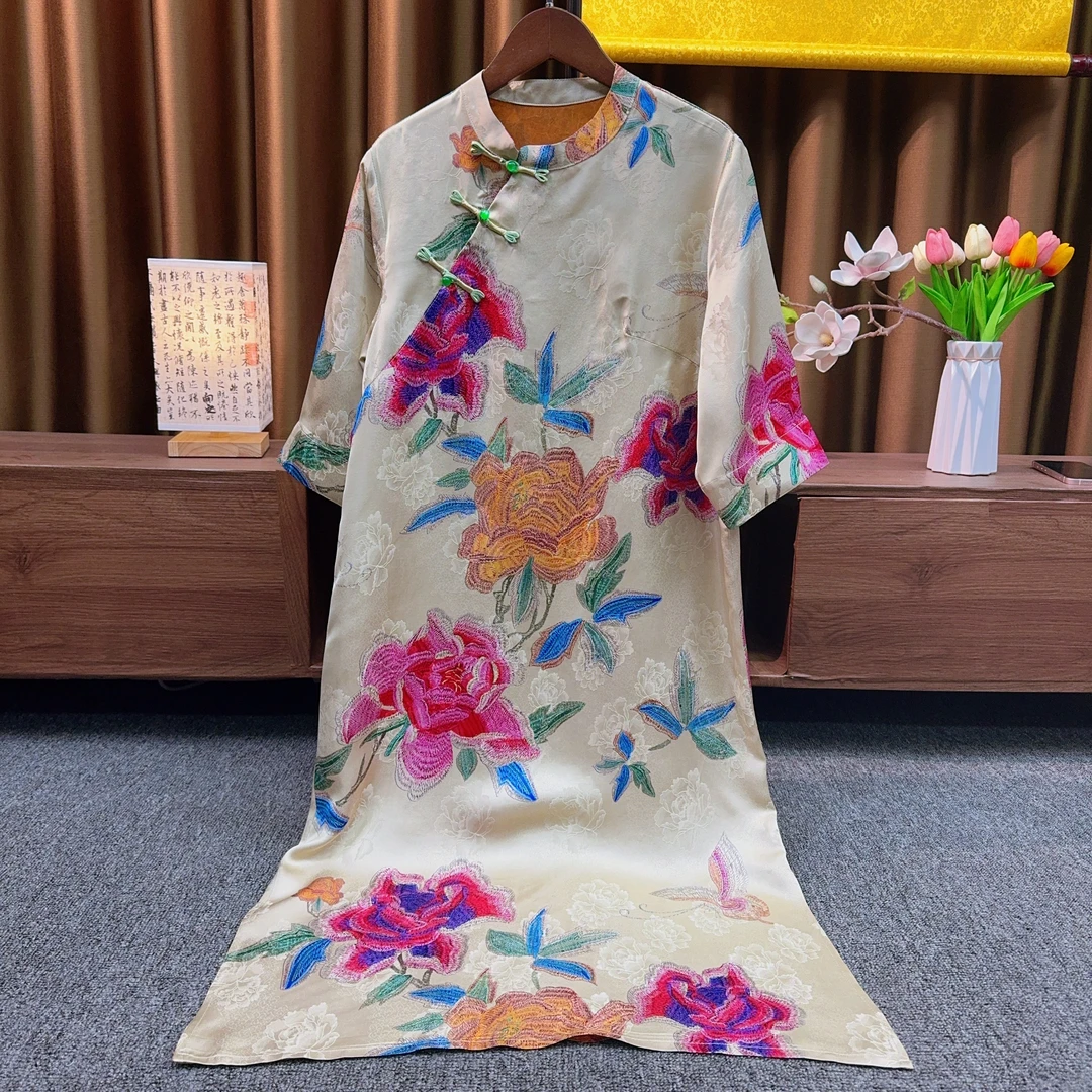 『牡丹』新中式立领时尚牡丹提花长裙气质国风重磅刺绣高端连衣裙