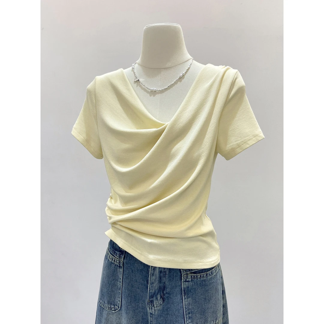 韩系气质交叉荡领短袖2025夏季T恤小众别致好看漂亮掐腰上衣女装