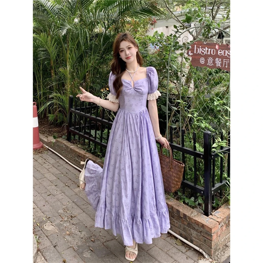 2025夏季超好看独特漂亮裙子法式气质绝美高级感紫色碎花连衣裙女