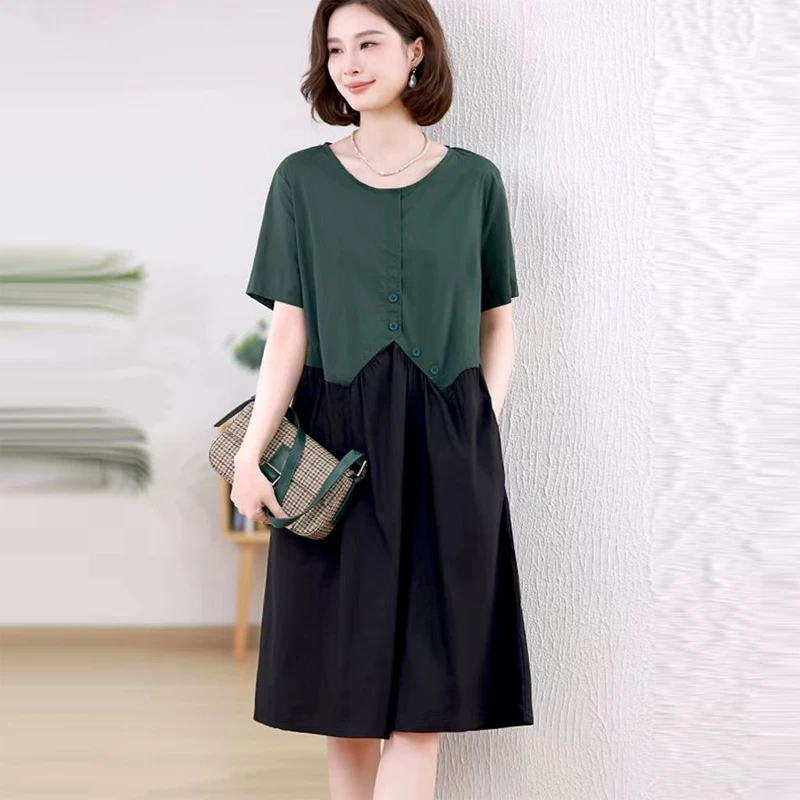 纯棉拼接连衣裙女夏季2025新款中年妈妈遮肚宽松圆领撞色中长裙子