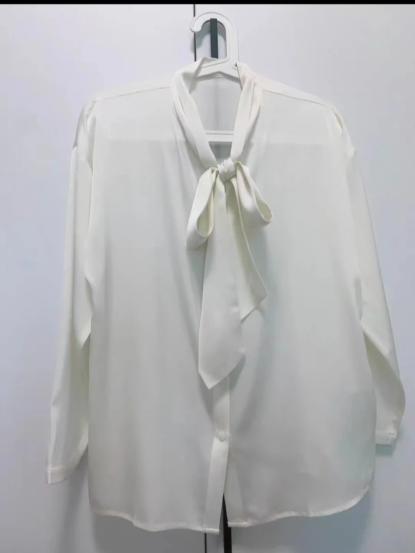 白色飘带真丝桑蚕丝衬衫女时尚气质上衣