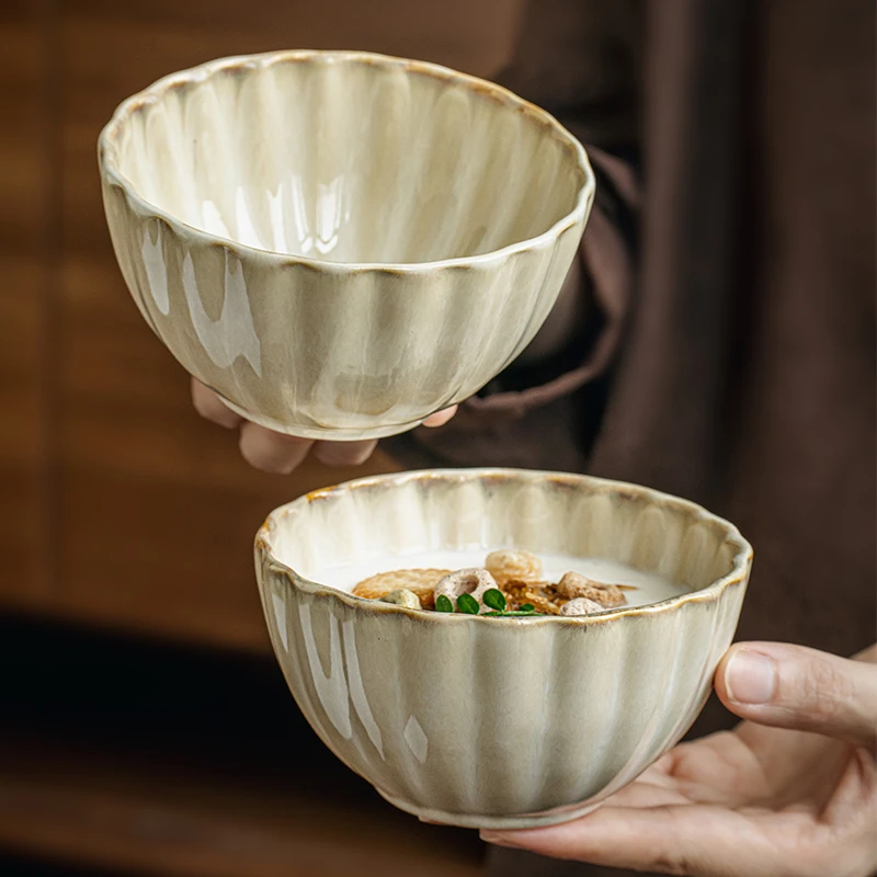 小悠家〖复古花瓣小碗〗4.5英寸陶瓷碗日式米饭碗家用甜品碗粥碗