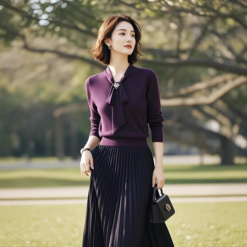 2025春秋季穿搭一整套气质轻熟高级感针织衫+百褶半身裙两件套女