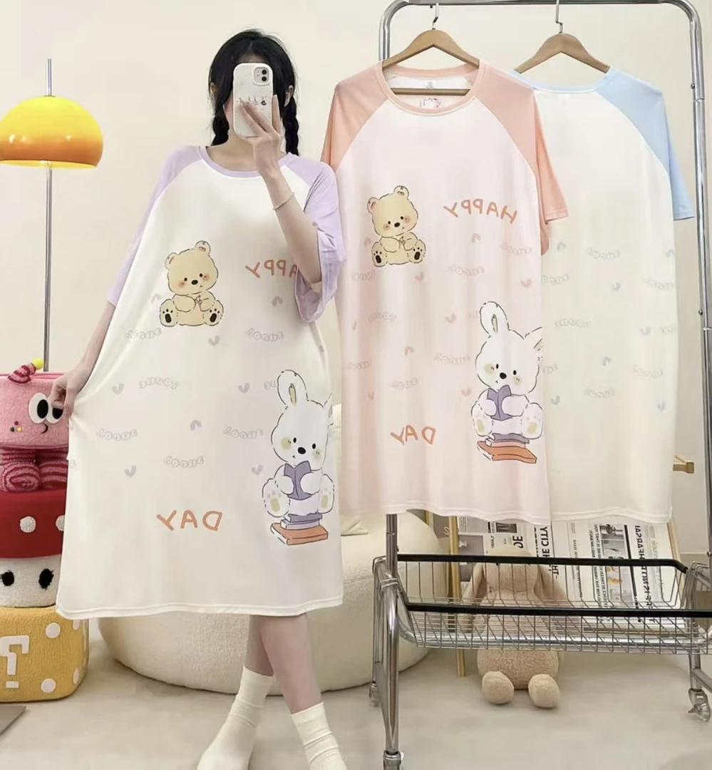 夏季女士短袖宽松大码睡裙可爱卡通可外出家居服