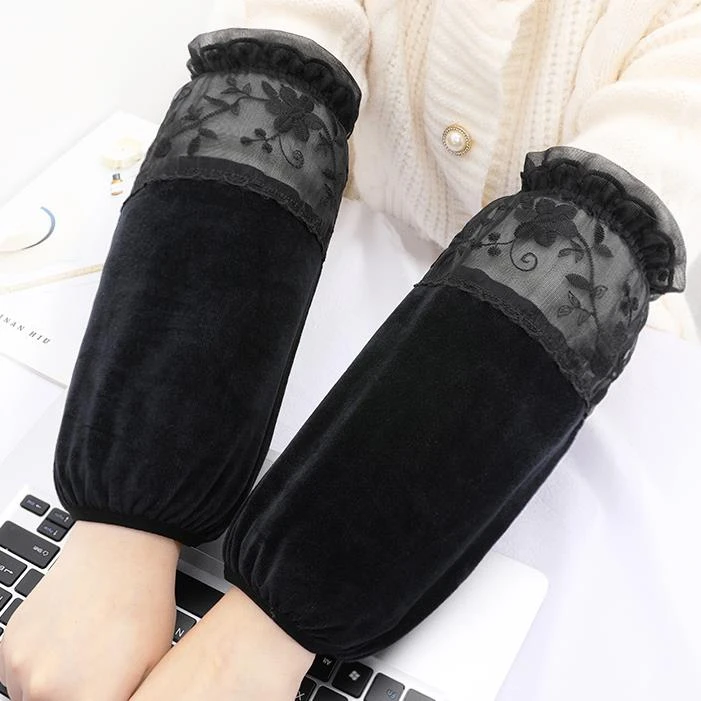 米白色长款袖套女款蕾丝套袖防污袖筒秋冬季办公室羽绒服护袖头