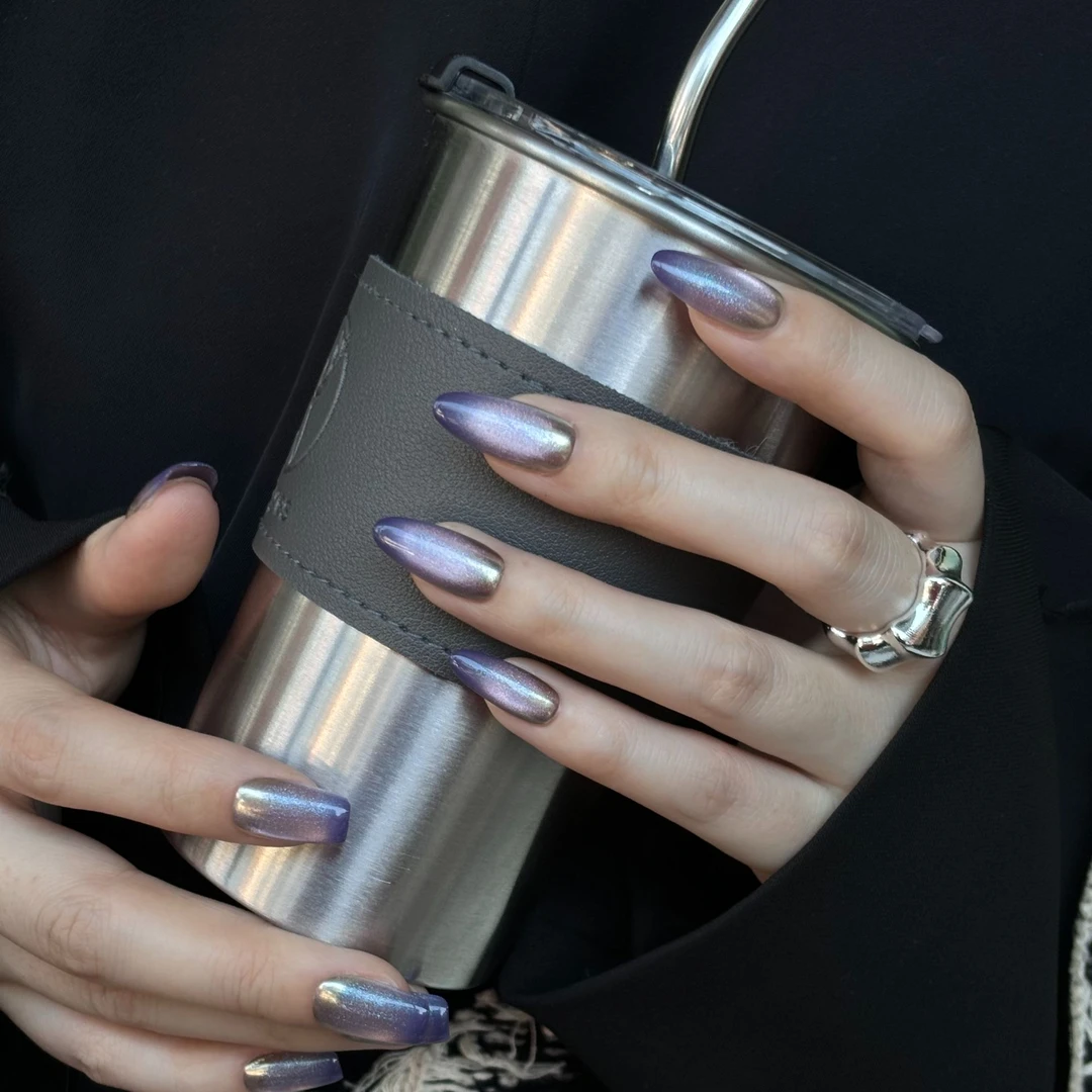 「S1807紫韵」魔镜粉渐变玻璃珠猫眼纯手工穿戴甲 18种甲型定制