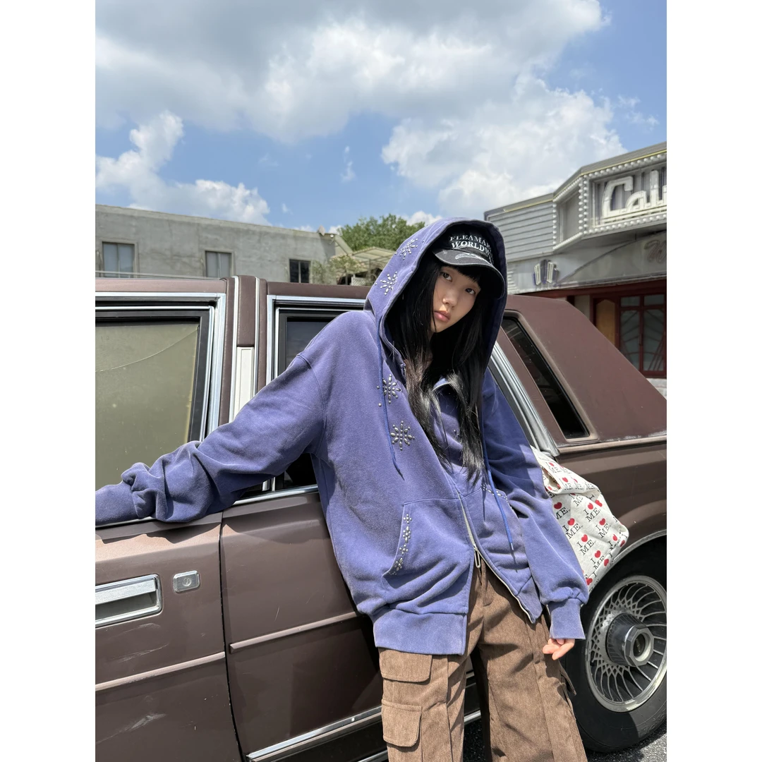 QYao Girls早秋季韩系休闲烫钻连帽拉链长袖卫衣开衫外套女上衣