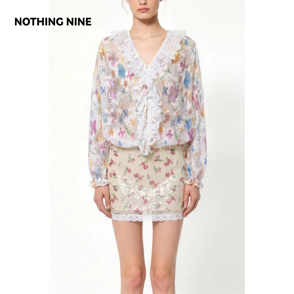 NOTHING NINE 花影琉璃蕾丝荷叶碎花套装上衣/半裙