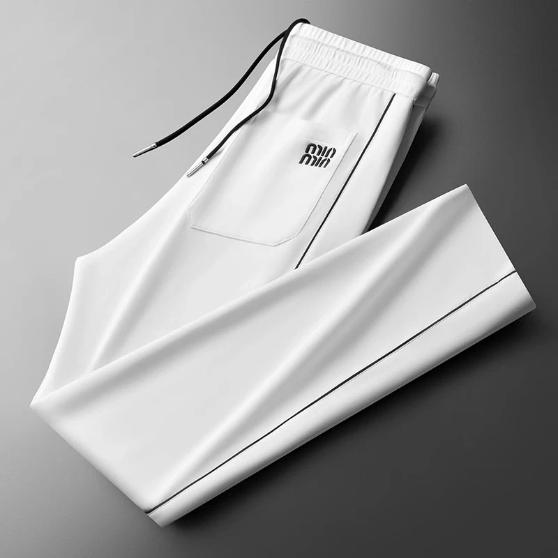 吉伦略索夏季男士薄款冰丝刺绣休闲裤修身高端百搭弹力小直筒西裤