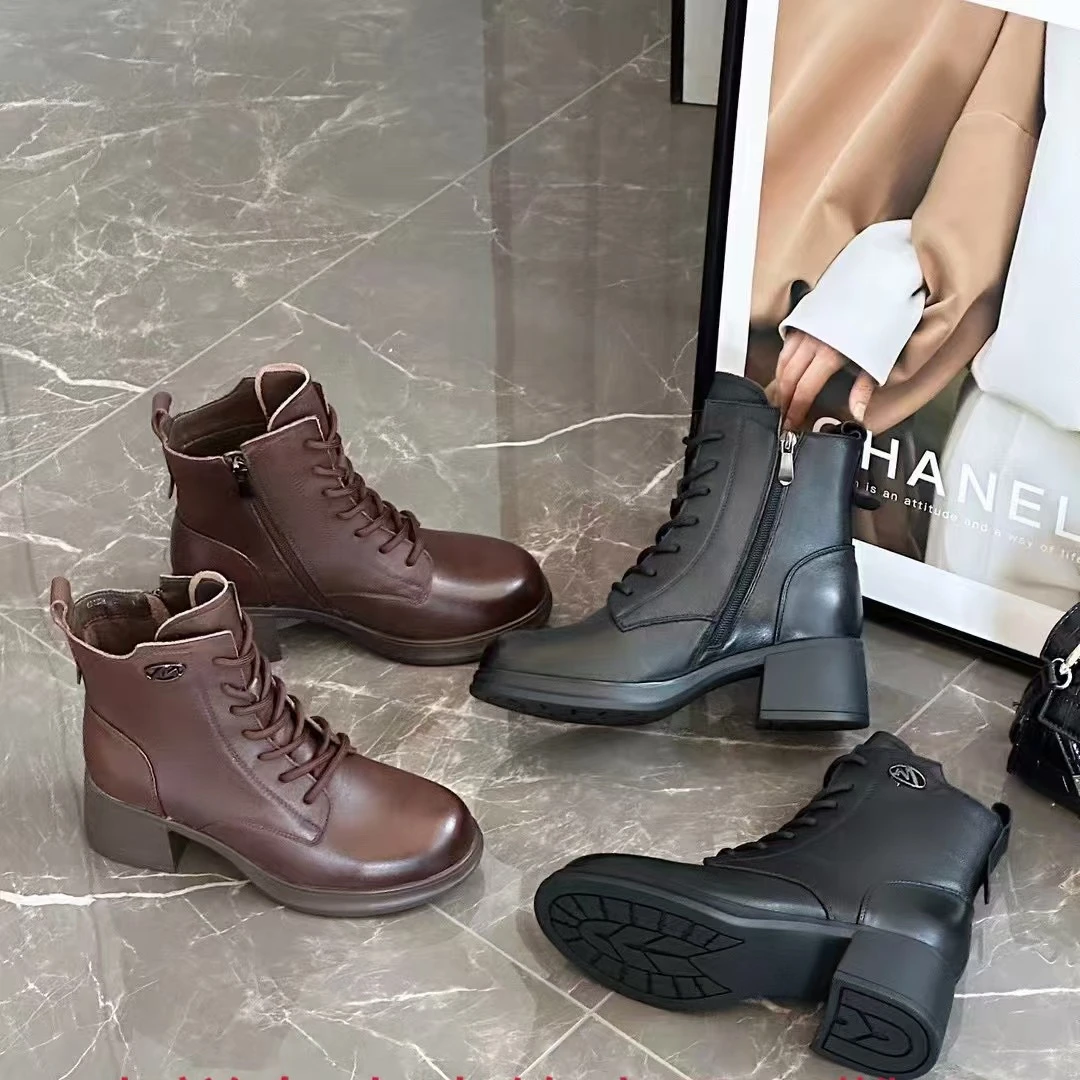 女式新款牛皮冬季马丁靴中跟软底软面拉锁款厚绒保暖秀气爆款百搭