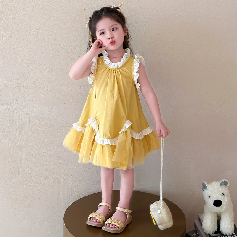 女童花边背心连衣裙2025夏款小女孩网纱拼接棉布无袖公主裙沙滩裙