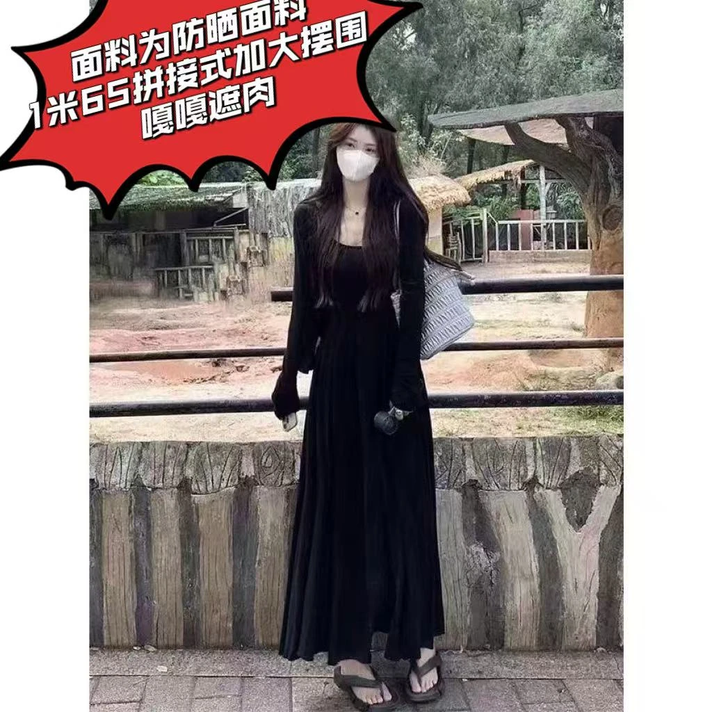 【大馨家】《防晒版步步生莲》纯欲风加大裙摆多巴胺套装160-1