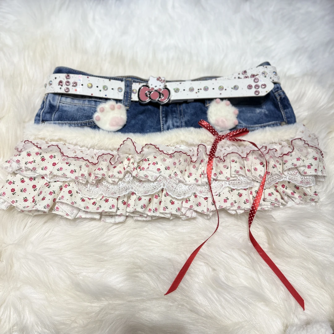 y2k高阶涉谷辣妹古着复古中低腰拼接短裙辣妹风格蛋糕裙千禧辣妹