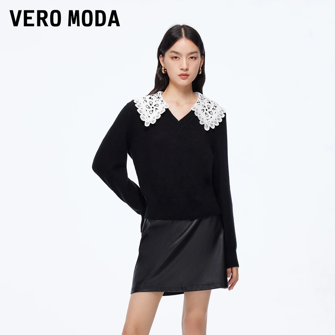 Vero Moda毛衣女2025秋冬新款可拆撞色蕾丝领百搭上衣325413046
