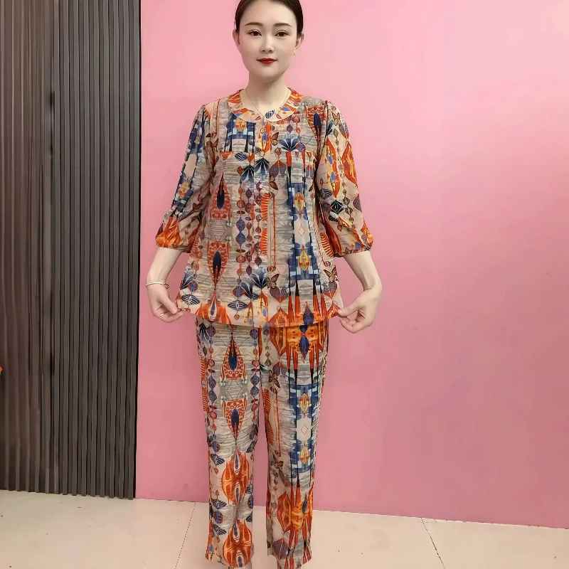 25春夏季新款中老年女装套装时尚显瘦七分袖小衫九分长裤妈妈装