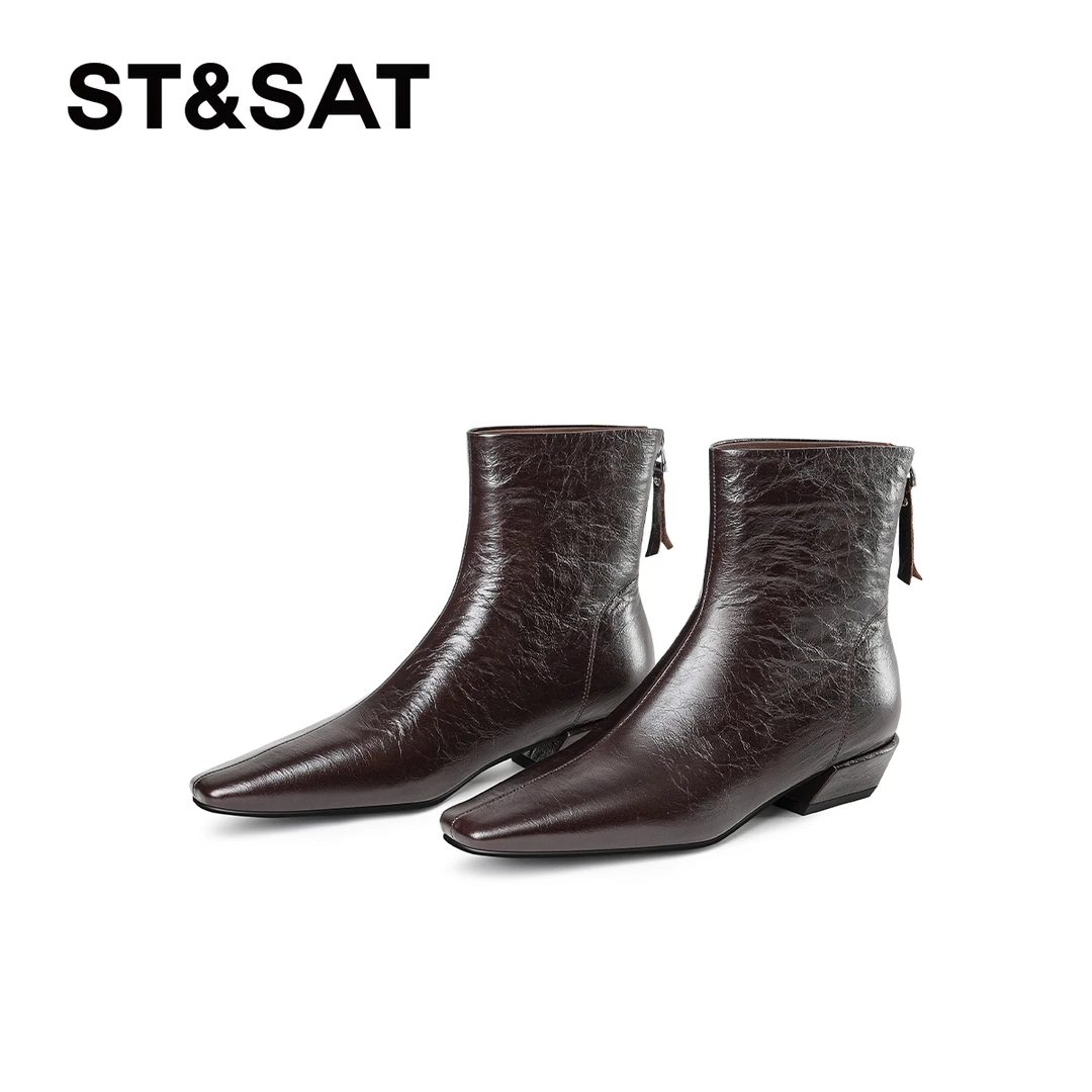 St&Sat/星期六方头时尚休闲粗跟短靴黑色气质时装靴百搭真皮女靴