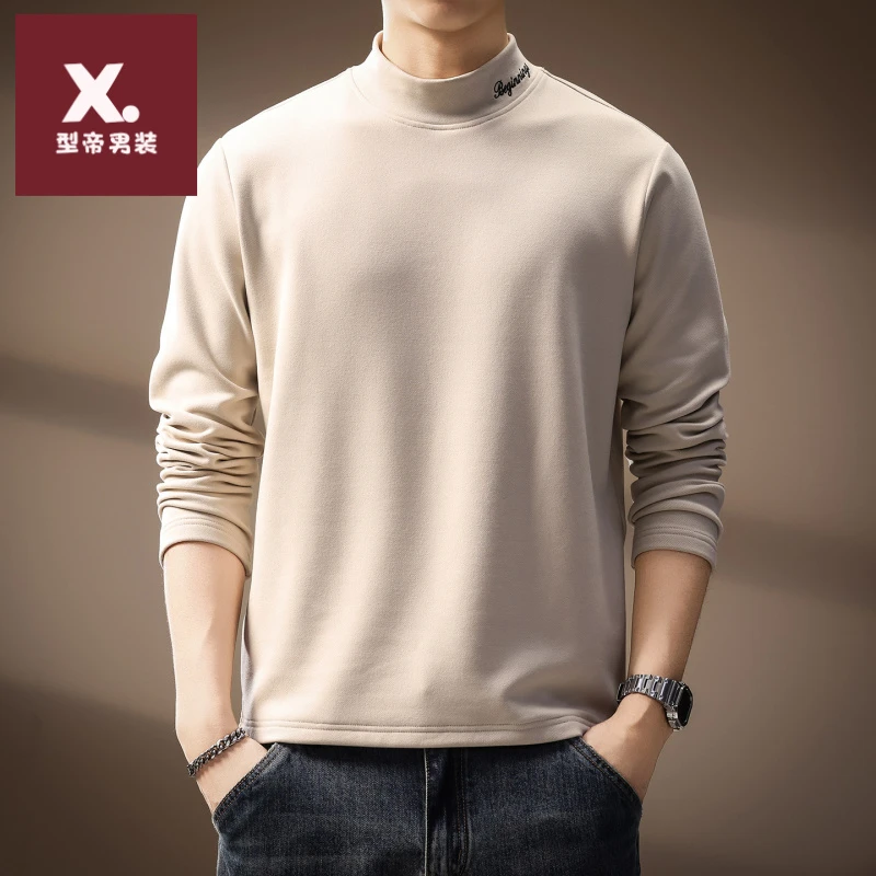 高端美式复古潮流打底长袖T恤男秋季新款半高领刺绣简约宽松卫衣