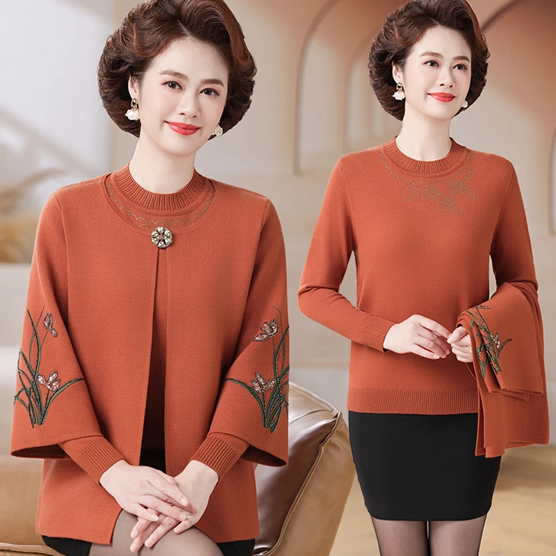 中老年时尚毛衣气质女装绣花外套50-60岁高档妈妈装针织两件套装