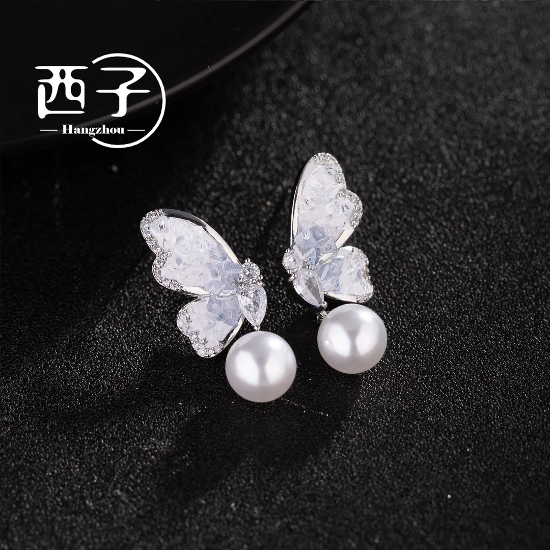 西子饰品镀18K金【蓝水蝴蝶耳坠】S925纯银针上档次饰品女耳钉耳饰