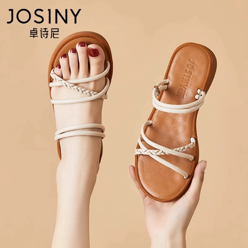 卓诗尼平底凉鞋女款2025新款夏季外穿罗马凉拖配裙子两穿沙滩拖鞋