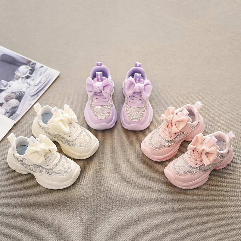 6878儿童大蝴蝶结老爹鞋春夏季水钻水晶女童中大童跑步鞋休闲鞋