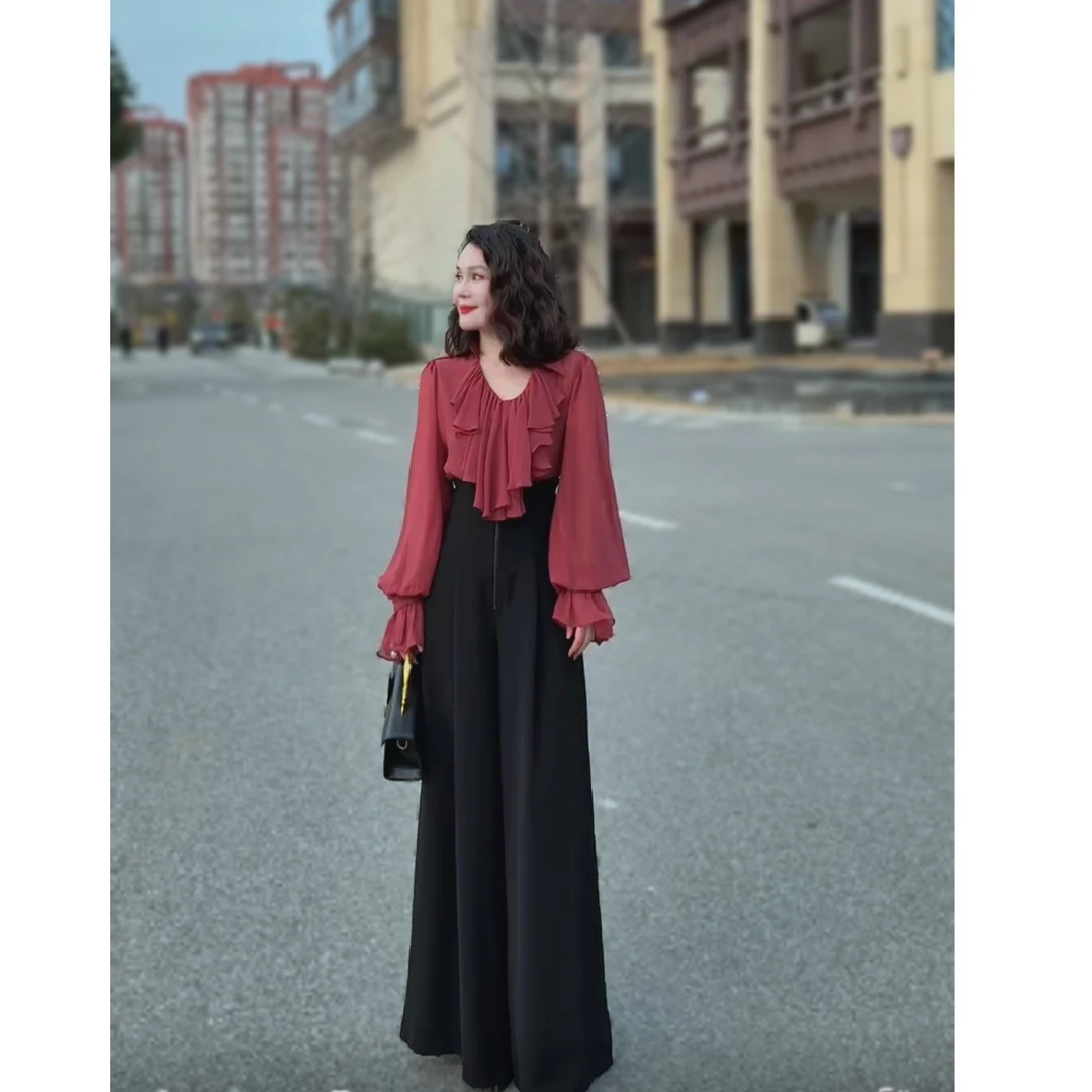 优尚美原创秋冬新西装醋酸阔腿裤高腰宽松垂坠感直筒拖地长裤黑色