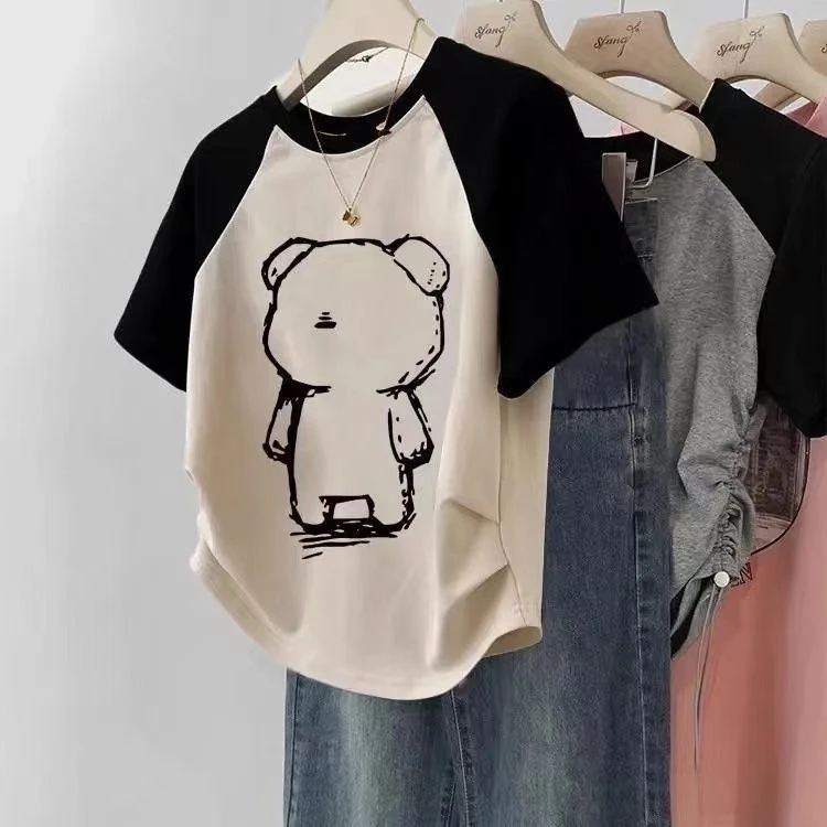 女童夏季显瘦插肩袖T恤拼接纯棉大童ins潮牌短款港风撞色短袖上衣