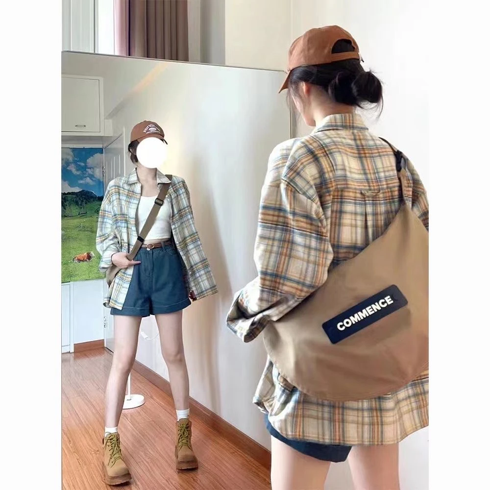 日系格子衬衫女上衣春秋季2025新款学院风百搭宽松薄款长袖外套潮
