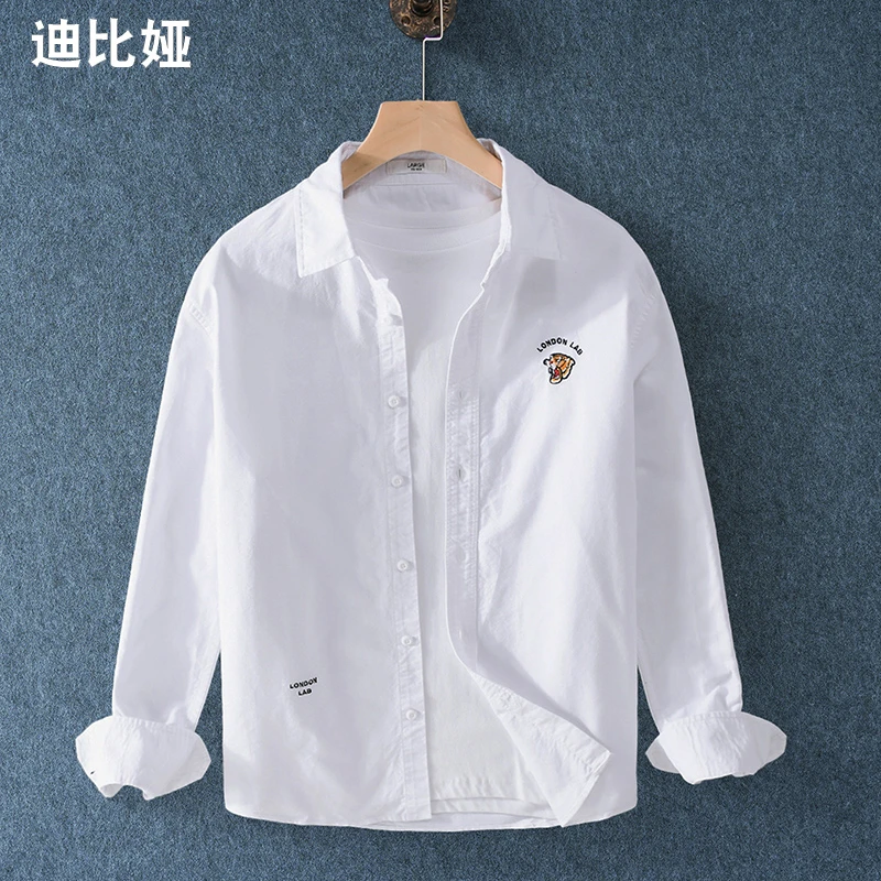 迪比娅长袖衬衫男士秋季虎头刺绣全棉白色休闲上衣简约潮牌衬衣Y