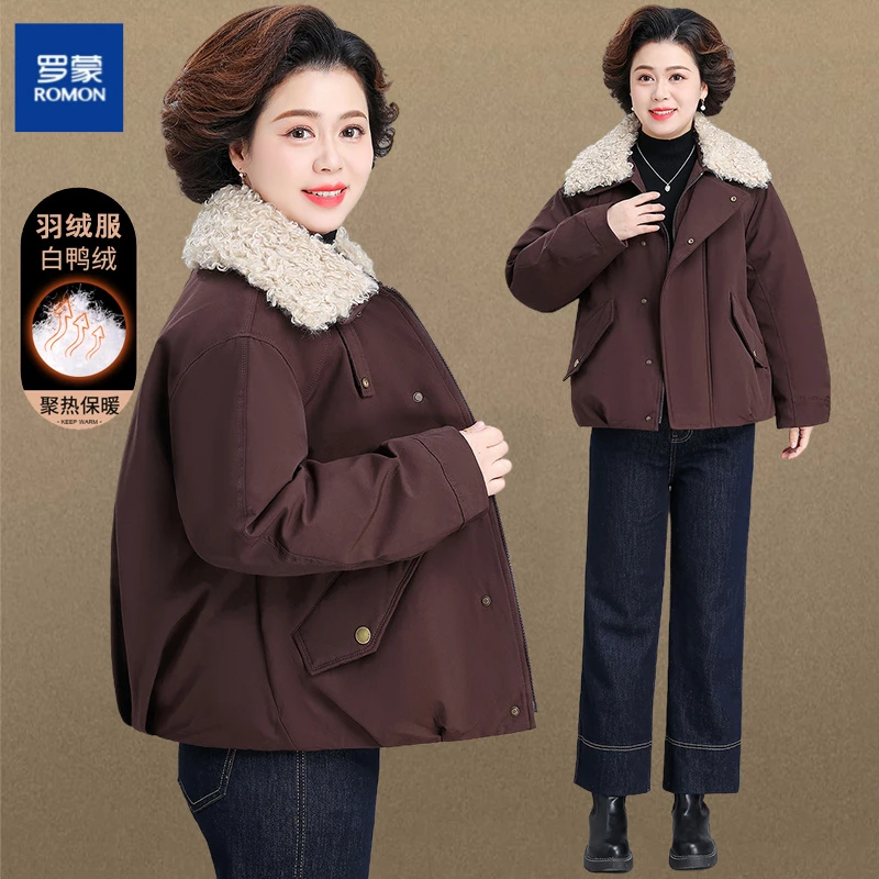 罗蒙新款妈妈冬装洋气短款羽绒服中老年女装加厚保暖外套50岁夹克
