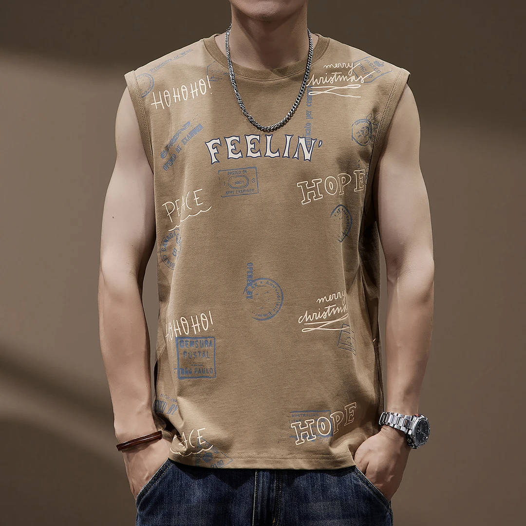 美式重磅潮牌纯棉运动背心男夏季宽松印花痞帅无袖坎肩恤男