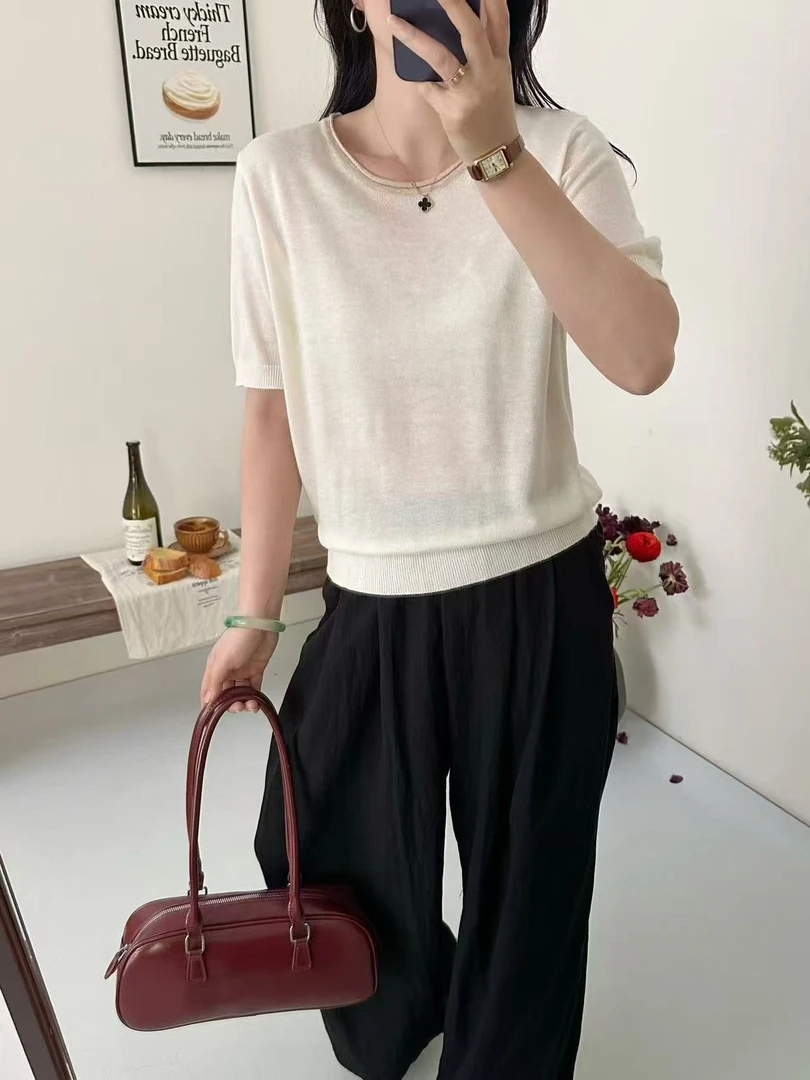 夏季新款简约纯色圆领短袖针织衫女薄款时尚百搭显瘦套头上衣