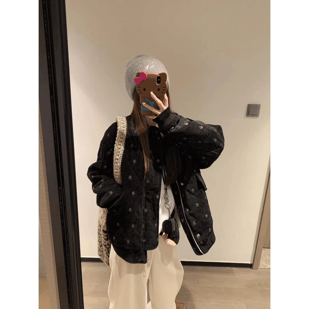 韩系复古黑色碎花宽松棉服短外套女秋冬保暖加厚棉袄潮