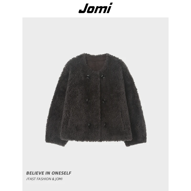 JOMI冬季毛绒短款外套女双排扣宽松保暖羊毛上衣复古百搭