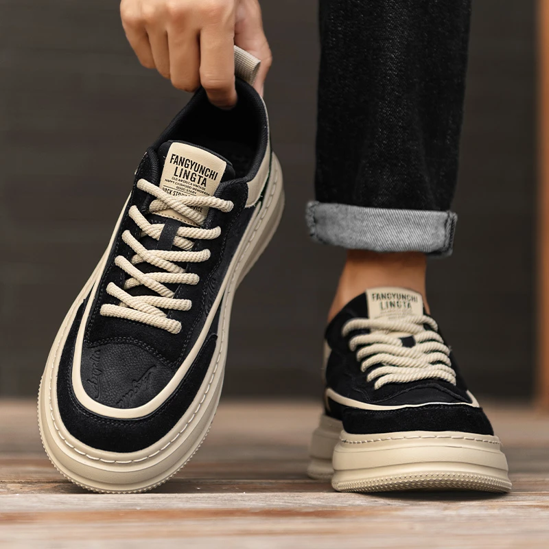 男鞋潮牌高级感秋季皮面工作板鞋2025新款休闲百搭增高厚底潮鞋子