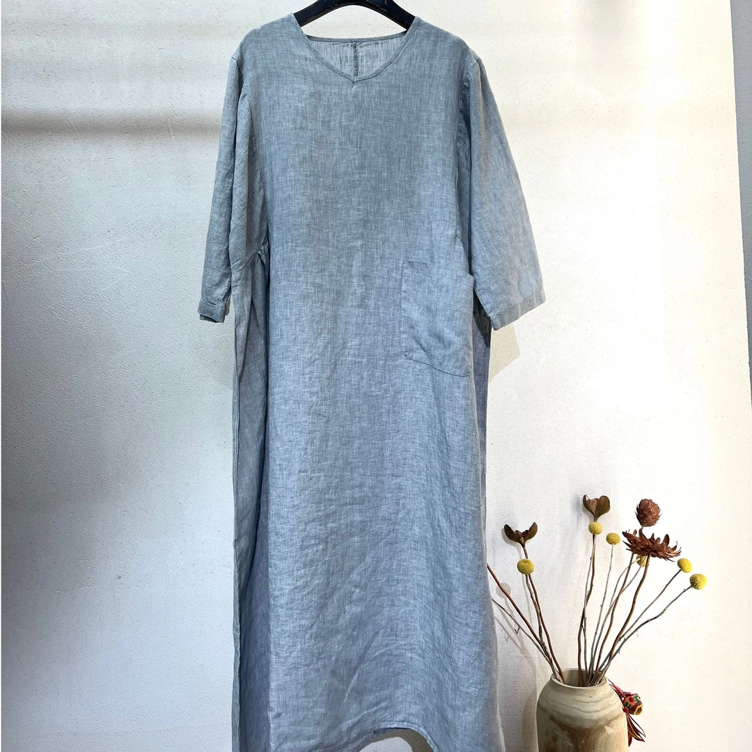 春-原创设计25-101【落雨】亚麻气质休闲宽松中长款设计感大袍子