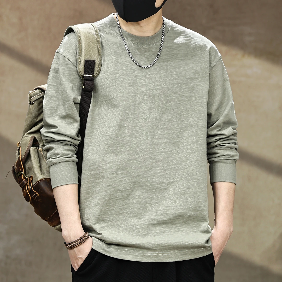 美式高端复古纯色重磅280g竹节棉长袖T恤男秋季新款休闲打底衫潮T