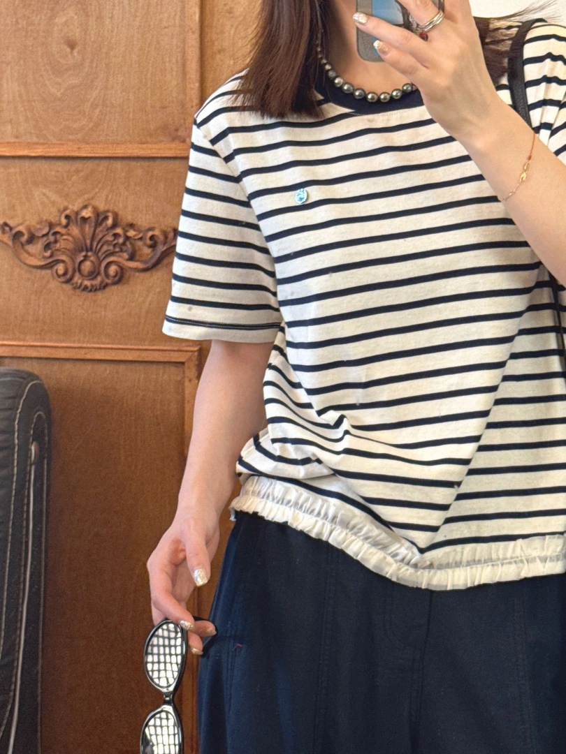 【NO退NO换】欧货浪漫盛夏条纹拼接极简短袖