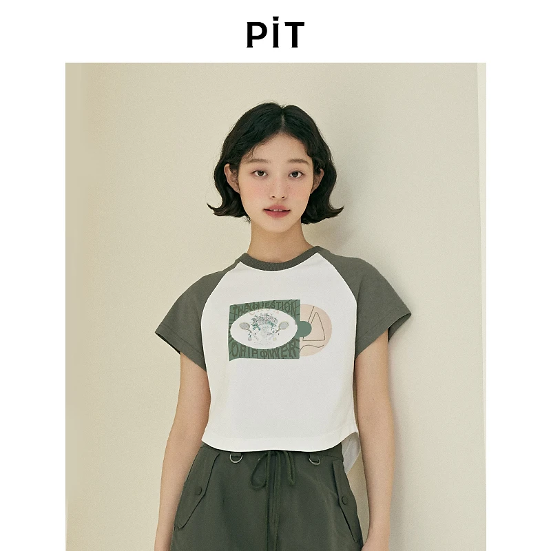 PIT复古拼色印花短袖T恤女2025春季新款内搭单穿短款圆领百搭上衣