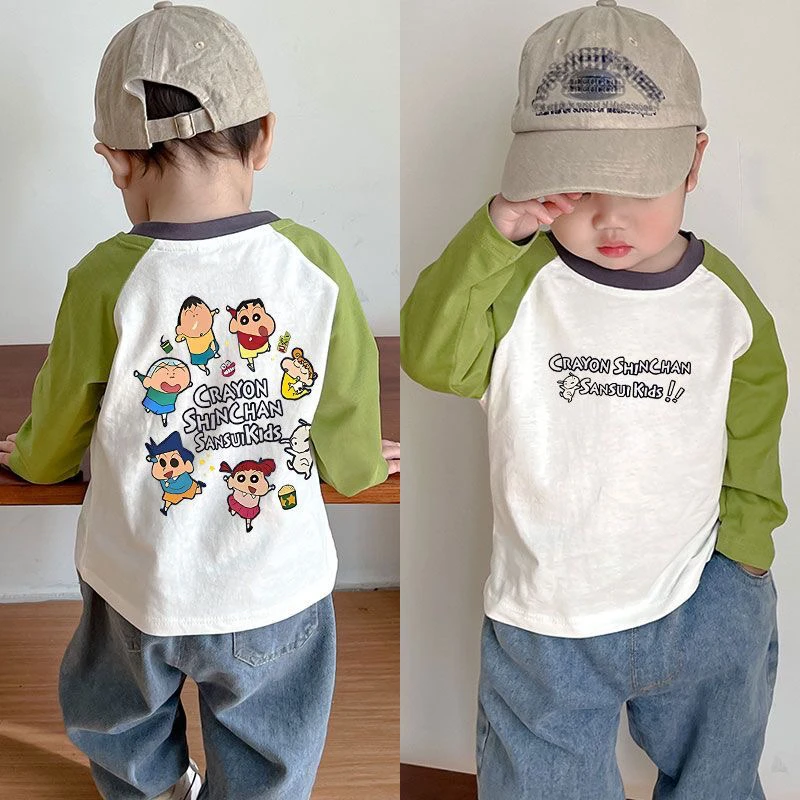 中大童休闲卡通印花纯棉插肩打底长袖春秋儿童潮款拼色百搭上衣衫