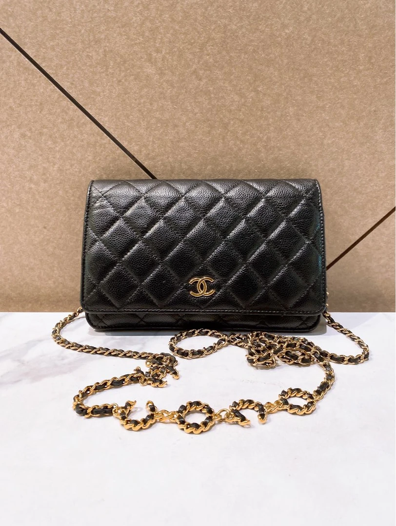 95新 Chanel/香奈儿 黑金荔枝纹斜挎单肩包