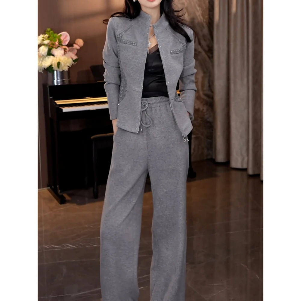 时髦洋气一体绒加厚裤套装女2025冬季新款高领百搭韩系上衣+裤子