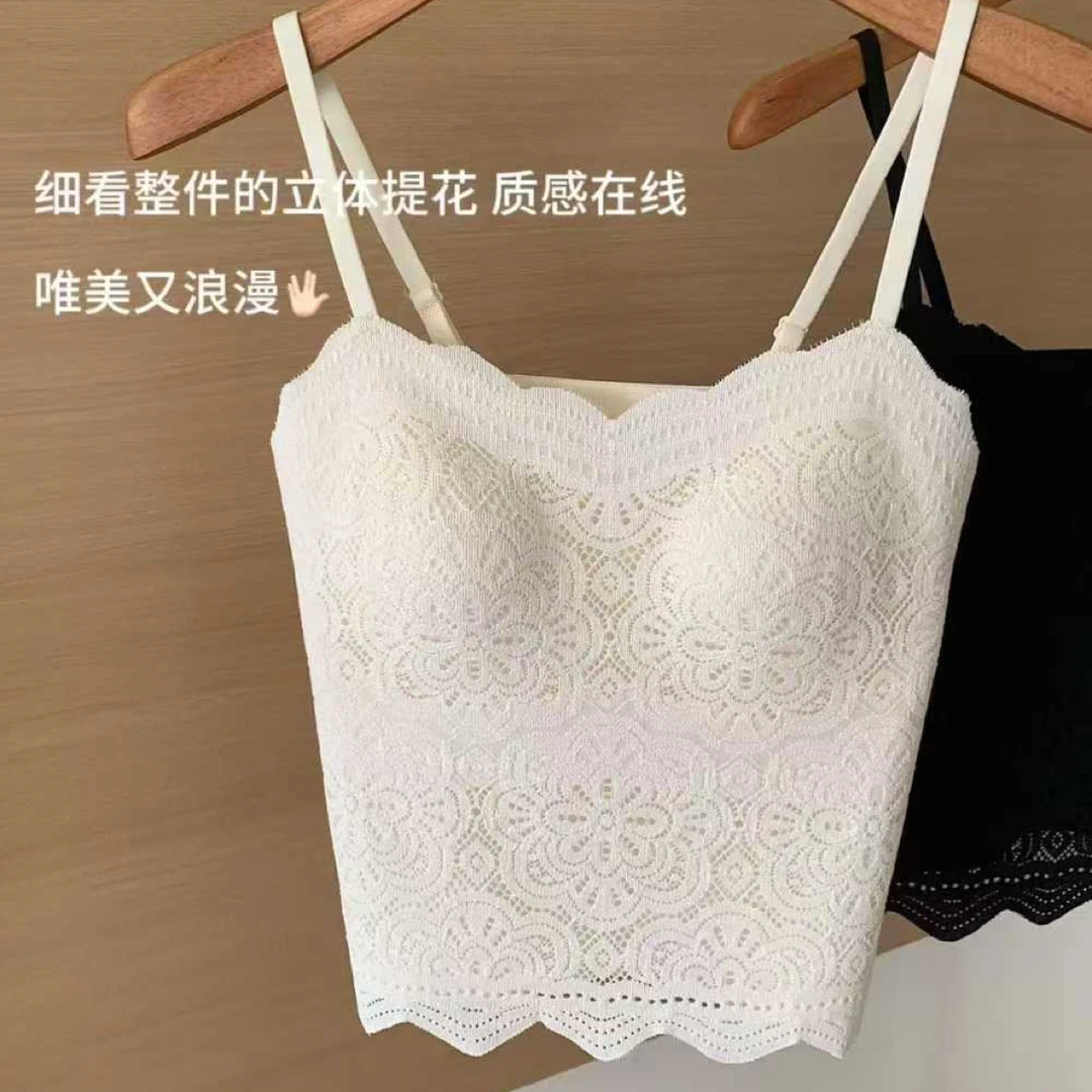 3382秋冬新款法式蕾丝吊带背心固定杯女内搭防走光带胸垫美背上衣