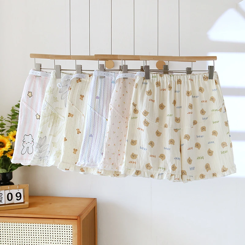 纯棉纱布孕妇睡裤不勒肚子可调节短裤夏季薄款高腰托腹月子家居裤