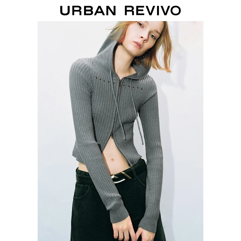 UR2025冬季新款女装潮流镂空连帽抽绳修身针织开衫UYV950041+