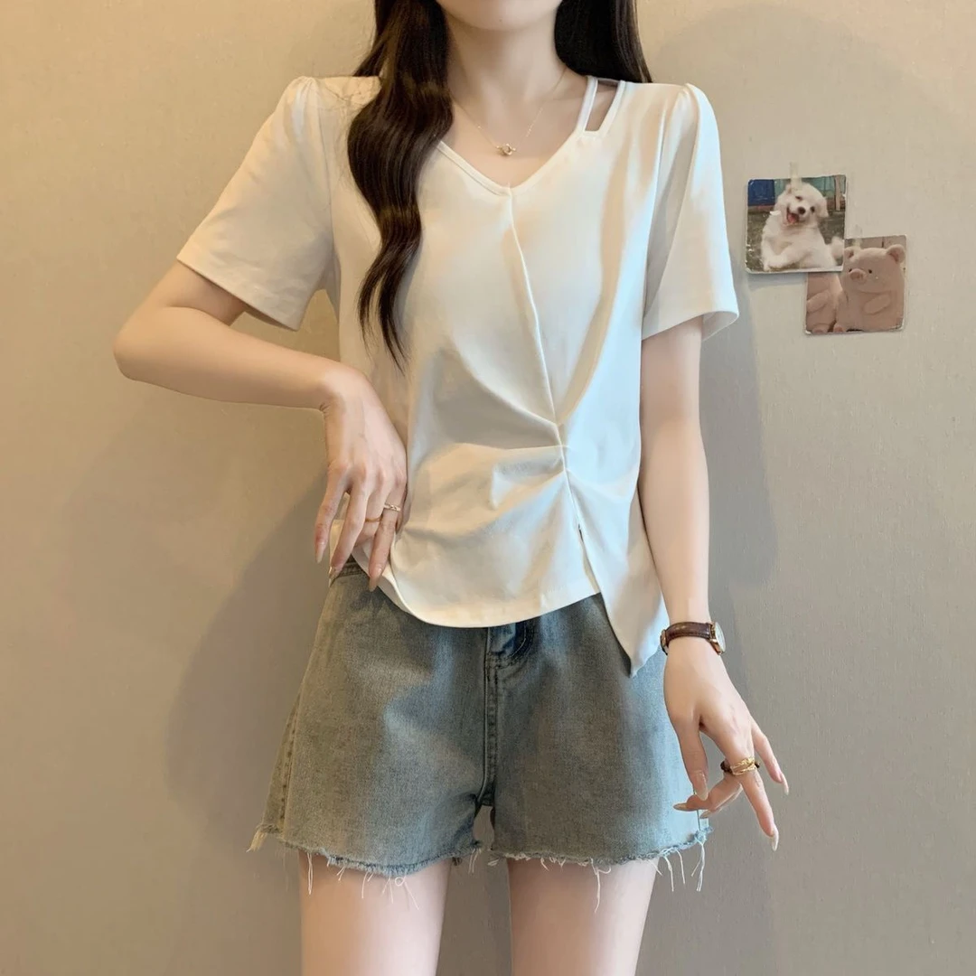 大码胖mm正肩吊带卡腰小衫短袖T恤女夏新款辣妹不规则黑色V领上衣