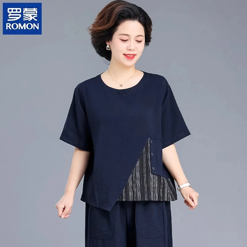 罗蒙品牌妈妈夏装2025新款中老年女装短袖T恤裤子休闲套装两件套