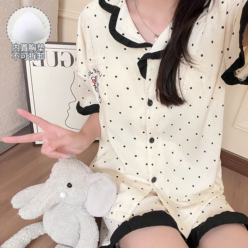 女大睡衣女款爆款2025新款夏季可外穿带胸垫短袖大码家居服两件套