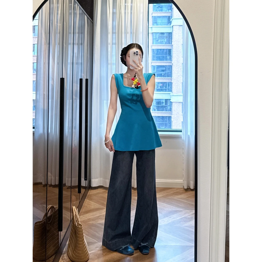 多巴胺风格衣服纯欲风方领无袖背心上衣宽松高腰阔腿牛仔裤女
