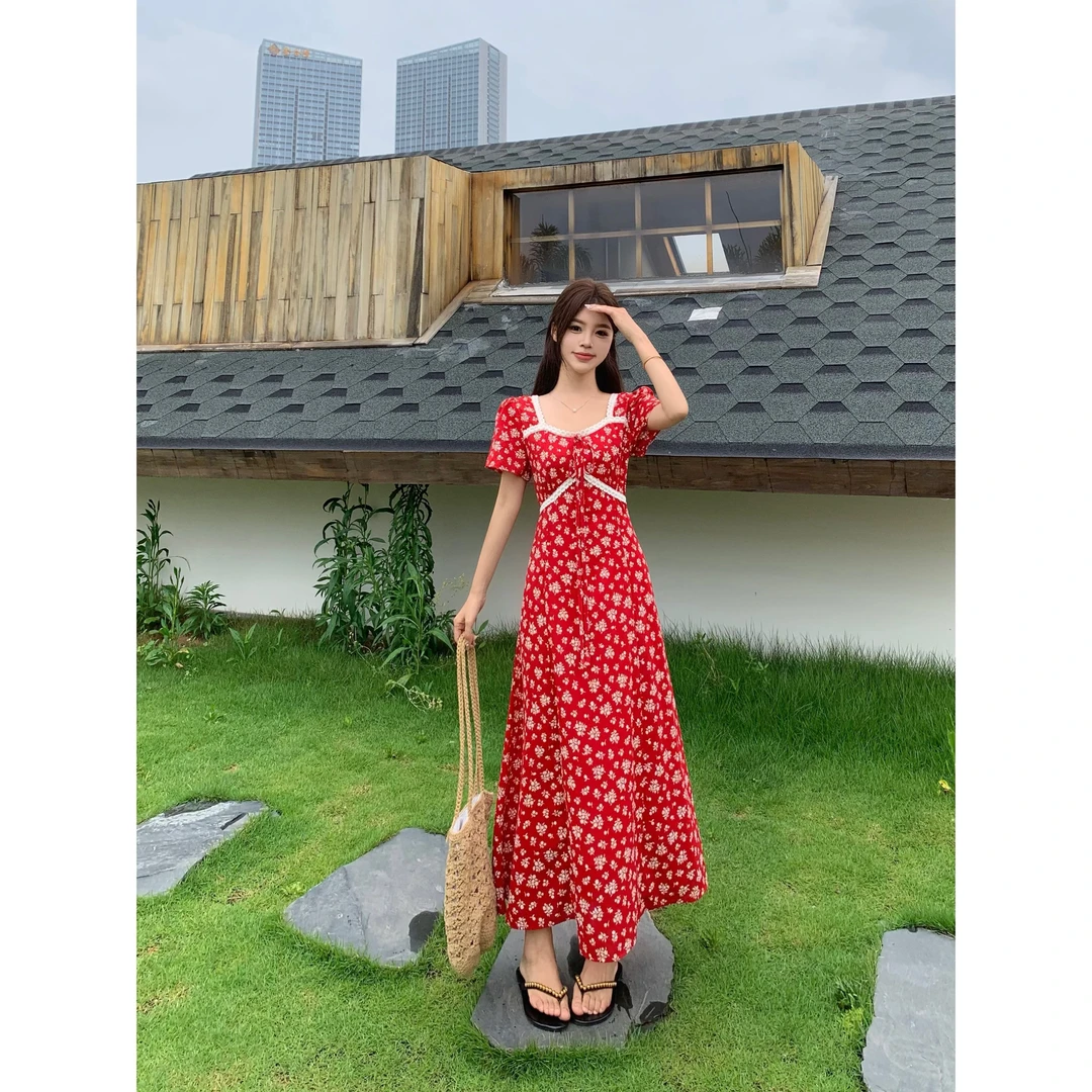 夏季法式方领收腰连衣裙时尚洋气甜美红色碎花修身显瘦大码连衣裙